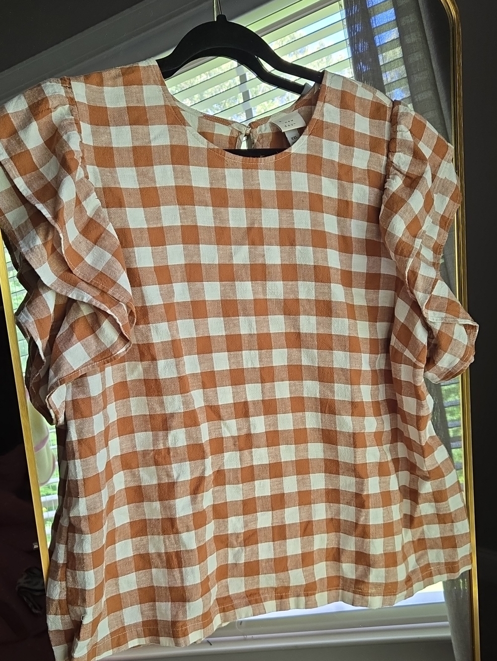 a new day Gingham Brown Ruffle Sleeve Top - XXL